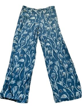 Blue Floral Wide-Leg Jeans with Botanical Print